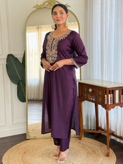Burgundy Embroidered Straight Kurta Trousers With Dupatta Set