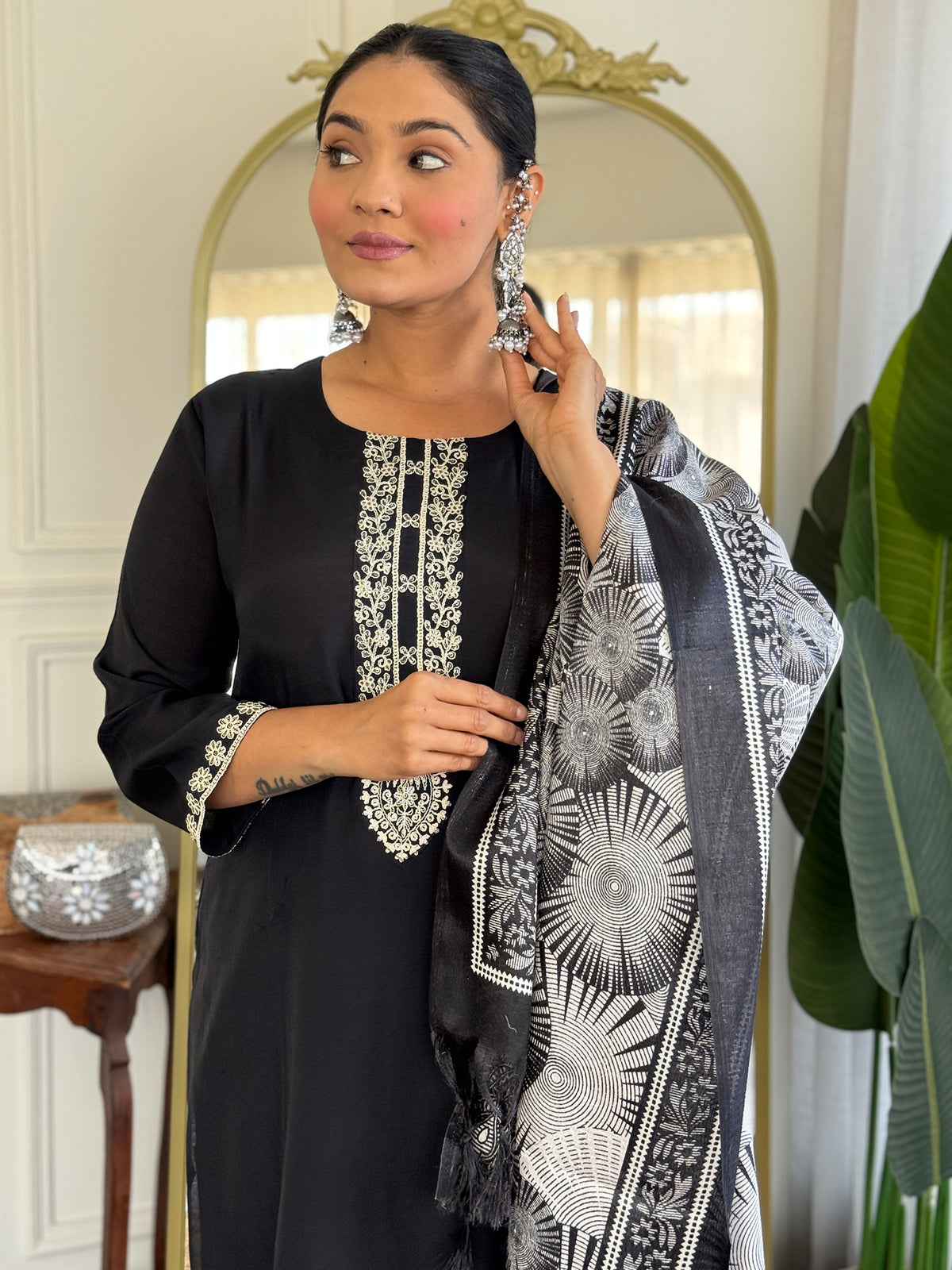 Black Embroidered Straight Kurta Trousers With Dupatta Set