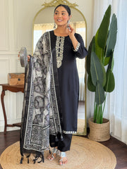 Black Embroidered Straight Kurta Trousers With Dupatta Set