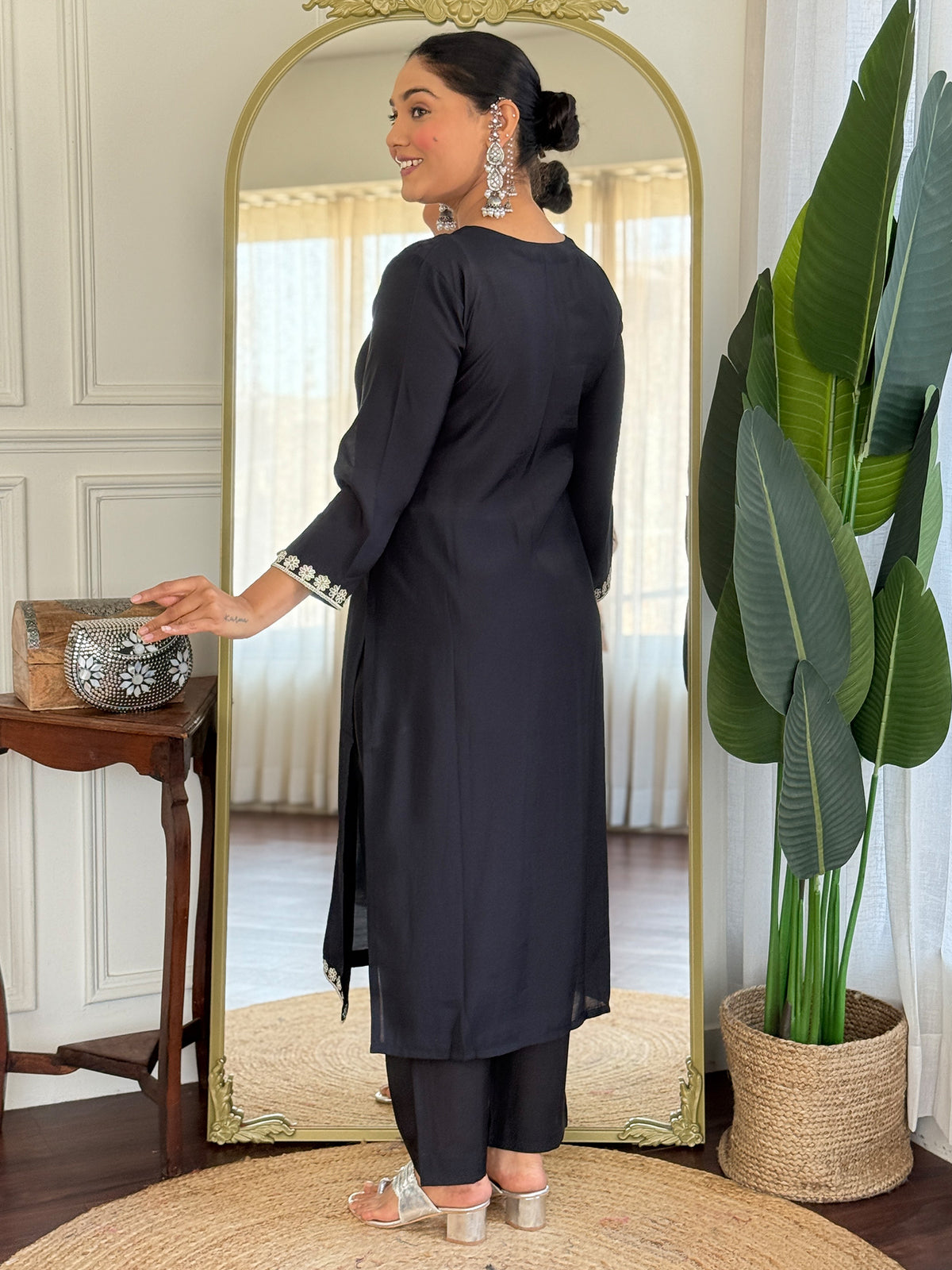 Black Embroidered Straight Kurta Trousers With Dupatta Set