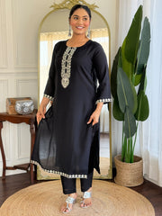 Black Embroidered Straight Kurta Trousers With Dupatta Set