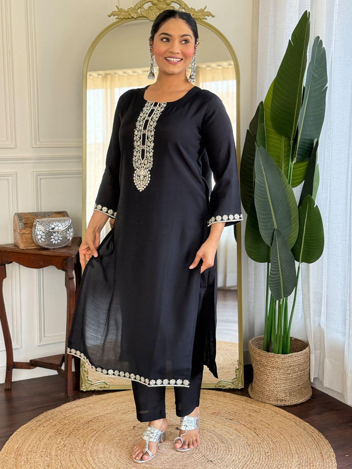 Black Embroidered Straight Kurta Trousers With Dupatta Set