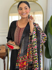 Black Embroidered Straight Kurta Trousers With Dupatta Set