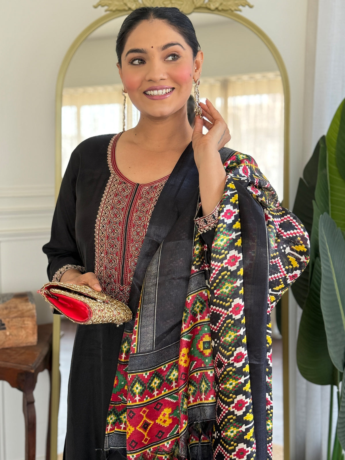 Black Embroidered Straight Kurta Trousers With Dupatta Set