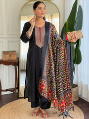Black Embroidered Straight Kurta Trousers With Dupatta Set