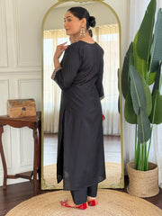 Black Embroidered Straight Kurta Trousers With Dupatta Set