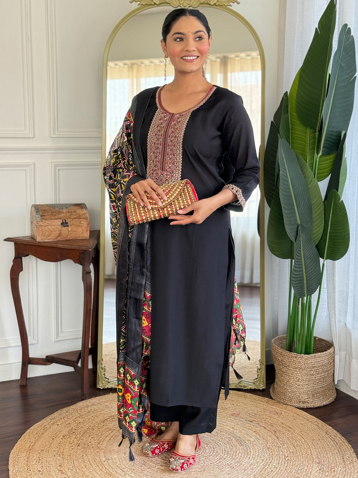 Black Embroidered Straight Kurta Trousers With Dupatta Set