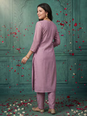 Pink Embroidered Straight Kurta Trousers With Dupatta Set