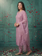 Pink Embroidered Straight Kurta Trousers With Dupatta Set
