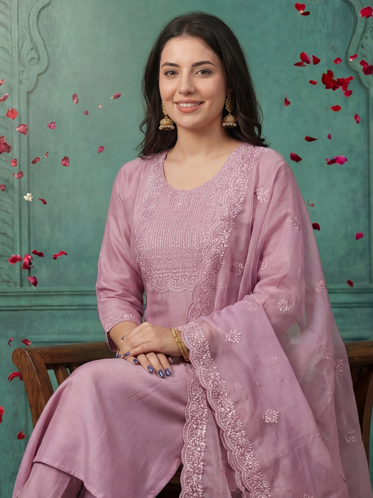 Pink Embroidered Straight Kurta Trousers With Dupatta Set