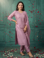 Pink Embroidered Straight Kurta Trousers With Dupatta Set