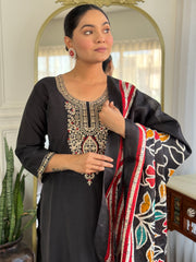 Black Embroidered Straight Kurta Trousers With Dupatta Set