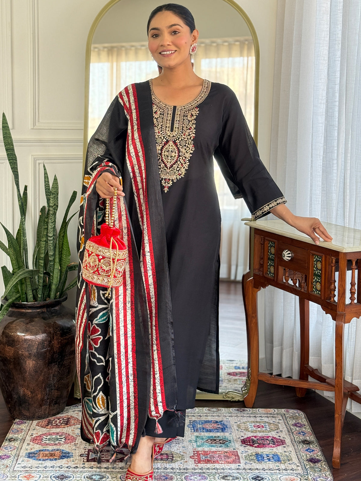 Black Embroidered Straight Kurta Trousers With Dupatta Set