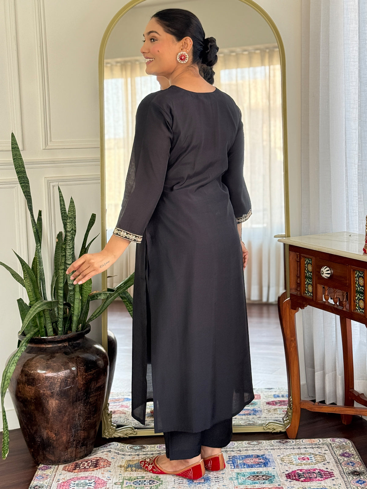 Black Embroidered Straight Kurta Trousers With Dupatta Set