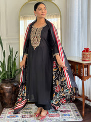 Black Embroidered Straight Kurta Trousers With Dupatta Set