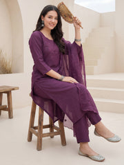 Purple Embroidered Straight Kurta Trousers With Dupatta Set