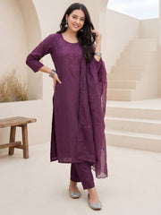 Purple Embroidered Straight Kurta Trousers With Dupatta Set