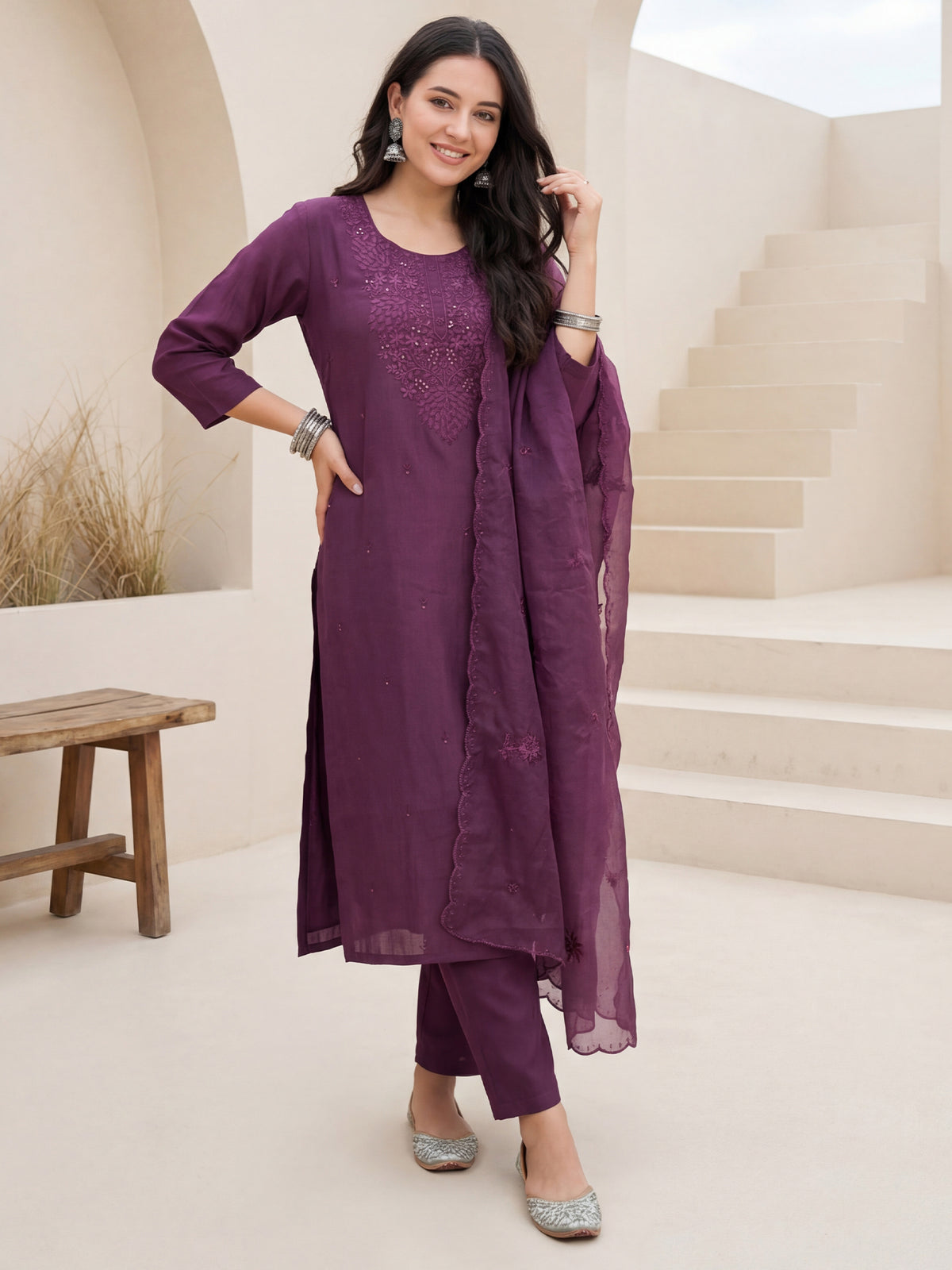 Purple Embroidered Straight Kurta Trousers With Dupatta Set