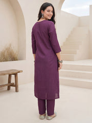 Purple Embroidered Straight Kurta Trousers With Dupatta Set