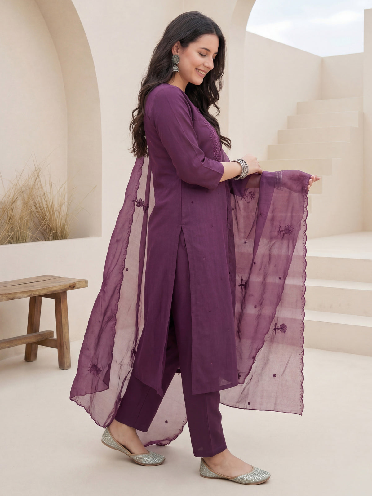 Purple Embroidered Straight Kurta Trousers With Dupatta Set