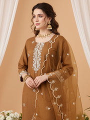 Brown Embroidered Straight Kurta Trousers With Dupatta Set