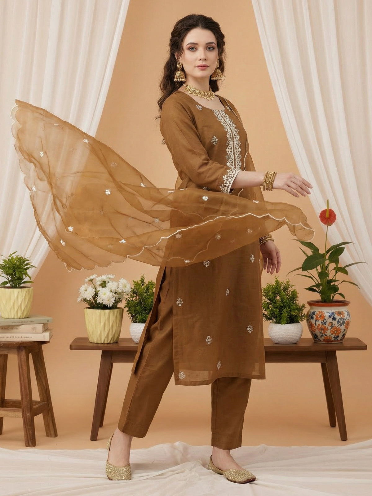 Brown Embroidered Straight Kurta Trousers With Dupatta Set