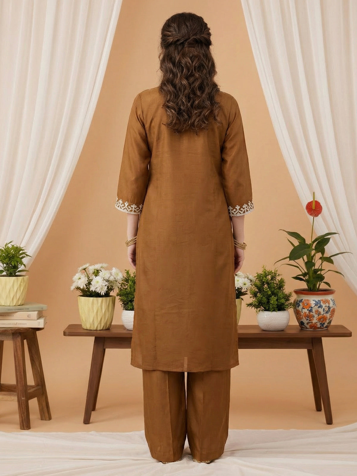 Brown Embroidered Straight Kurta Trousers With Dupatta Set