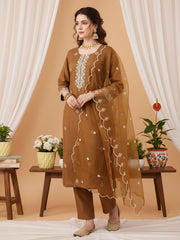 Brown Embroidered Straight Kurta Trousers With Dupatta Set