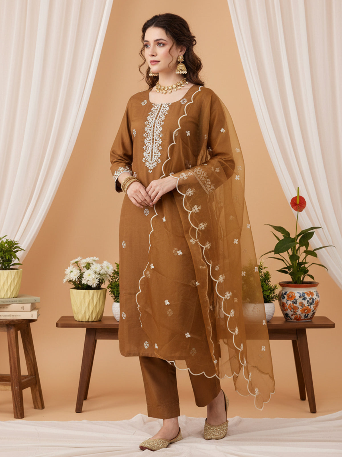 Brown Embroidered Straight Kurta Trousers With Dupatta Set