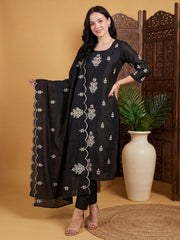 Black Embroidered Straight Kurta Trousers With Dupatta Set