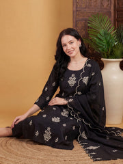 Black Embroidered Straight Kurta Trousers With Dupatta Set