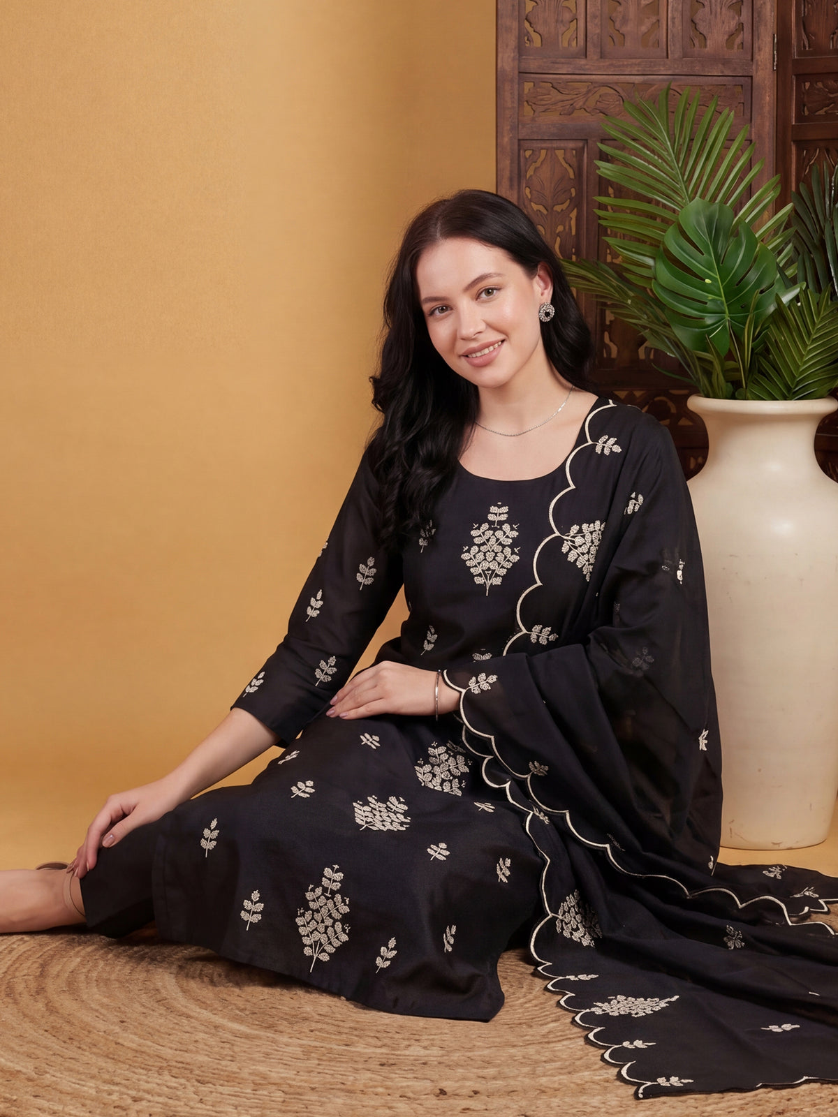 Black Embroidered Straight Kurta Trousers With Dupatta Set
