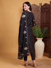 Black Embroidered Straight Kurta Trousers With Dupatta Set
