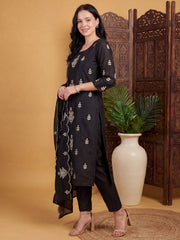 Black Embroidered Straight Kurta Trousers With Dupatta Set