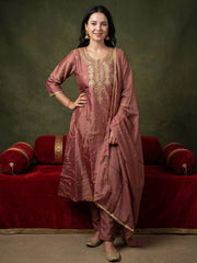 Mauve Embroidered A-Line Kurta Trousers With Dupatta Set