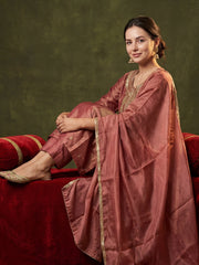 Mauve Embroidered A-Line Kurta Trousers With Dupatta Set