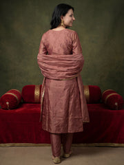Mauve Embroidered A-Line Kurta Trousers With Dupatta Set
