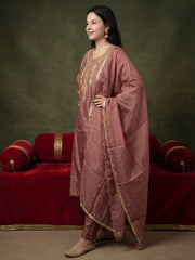 Mauve Embroidered A-Line Kurta Trousers With Dupatta Set