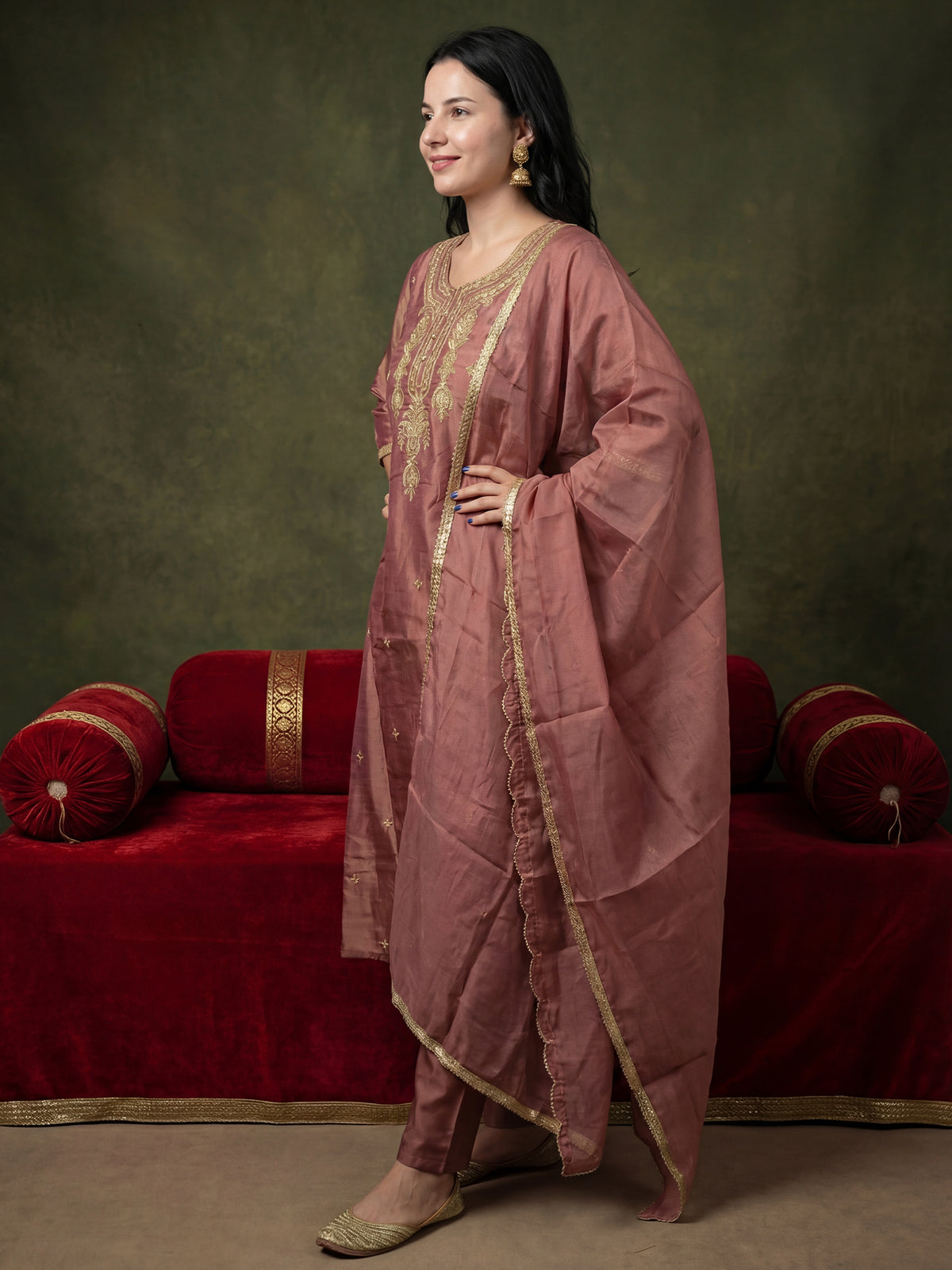 Mauve Embroidered A-Line Kurta Trousers With Dupatta Set