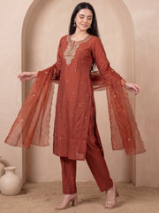 Rust Embroidered Straight Kurta Trousers With Dupatta Set