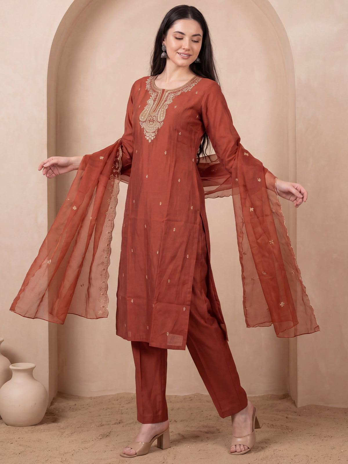 Rust Embroidered Straight Kurta Trousers With Dupatta Set