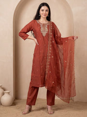 Rust Embroidered Straight Kurta Trousers With Dupatta Set