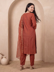 Rust Embroidered Straight Kurta Trousers With Dupatta Set