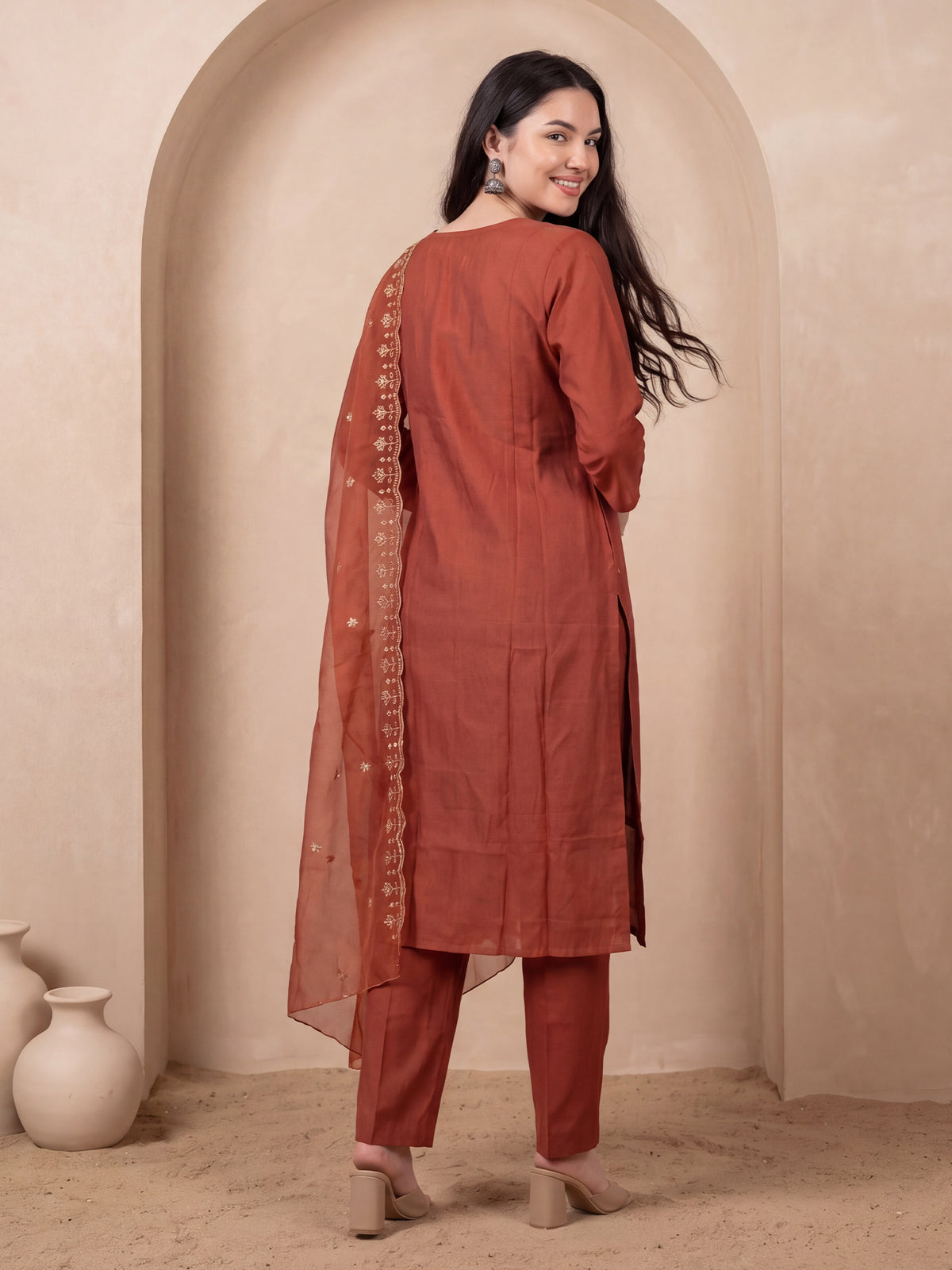 Rust Embroidered Straight Kurta Trousers With Dupatta Set