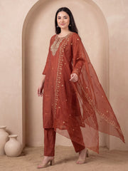 Rust Embroidered Straight Kurta Trousers With Dupatta Set