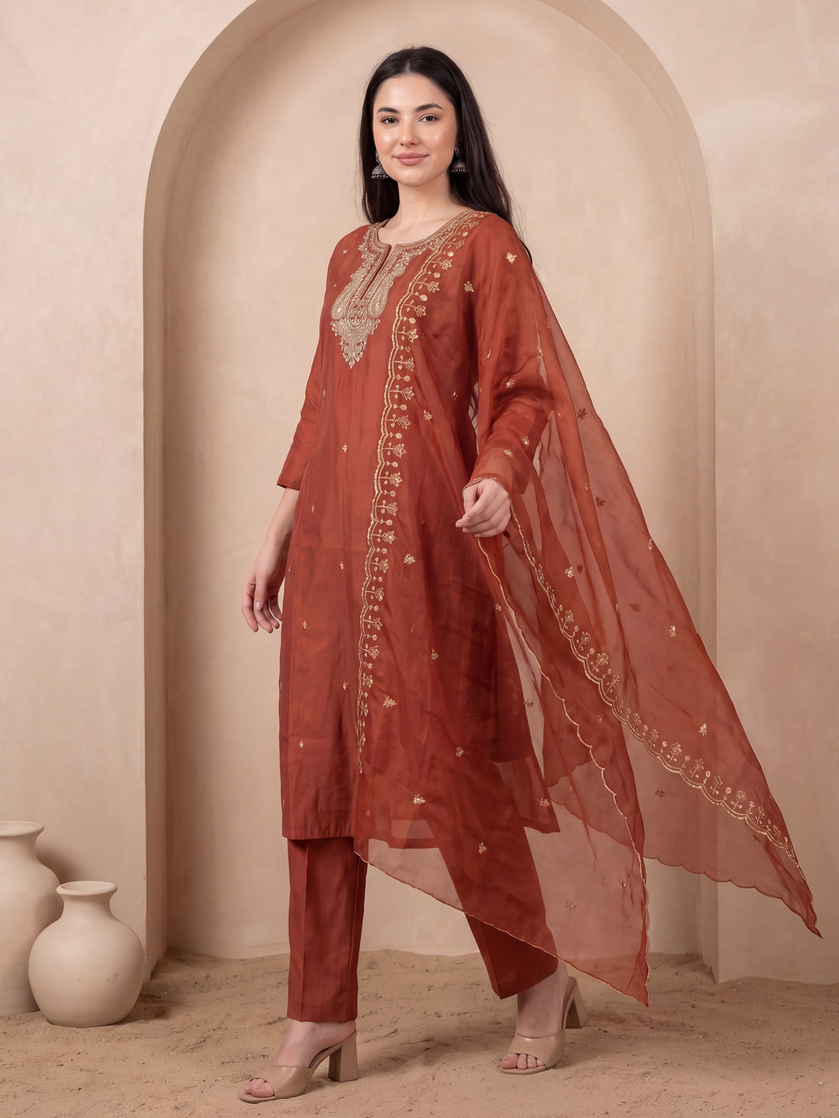 Rust Embroidered Straight Kurta Trousers With Dupatta Set