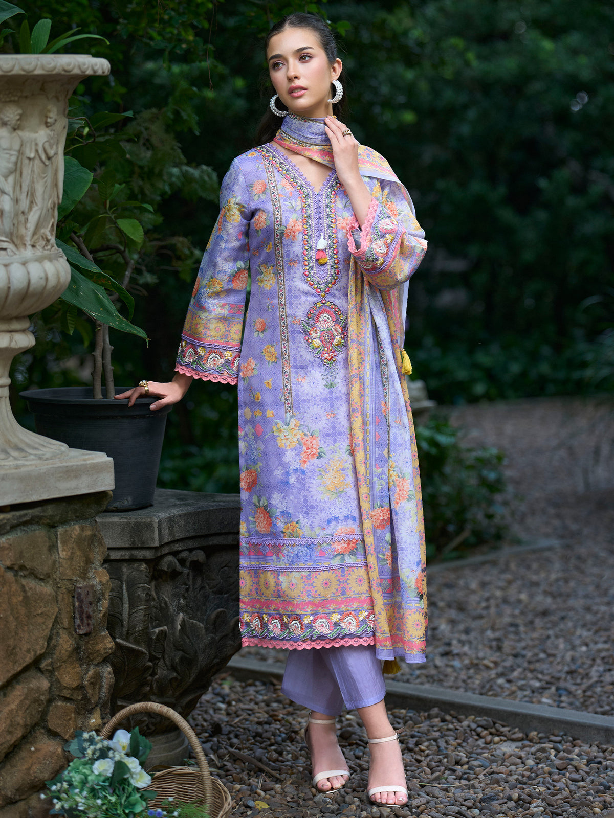 Purple Printed Straight Kurta Trousers With Dupatta Set