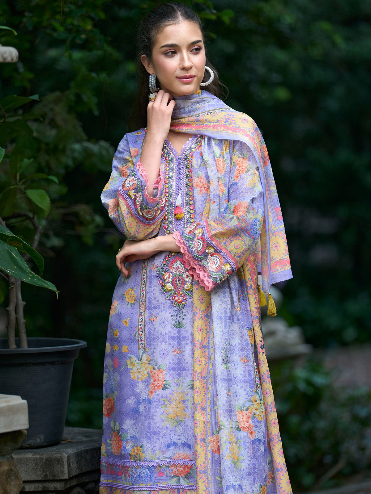 Purple Printed Straight Kurta Trousers With Dupatta Set