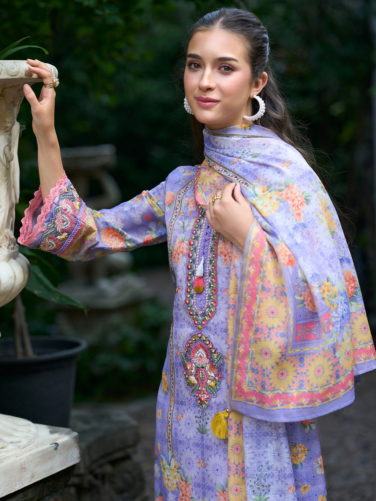 Purple Printed Straight Kurta Trousers With Dupatta Set