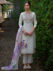 Off White Embroidered Straight Kurta Trousers With Dupatta Set